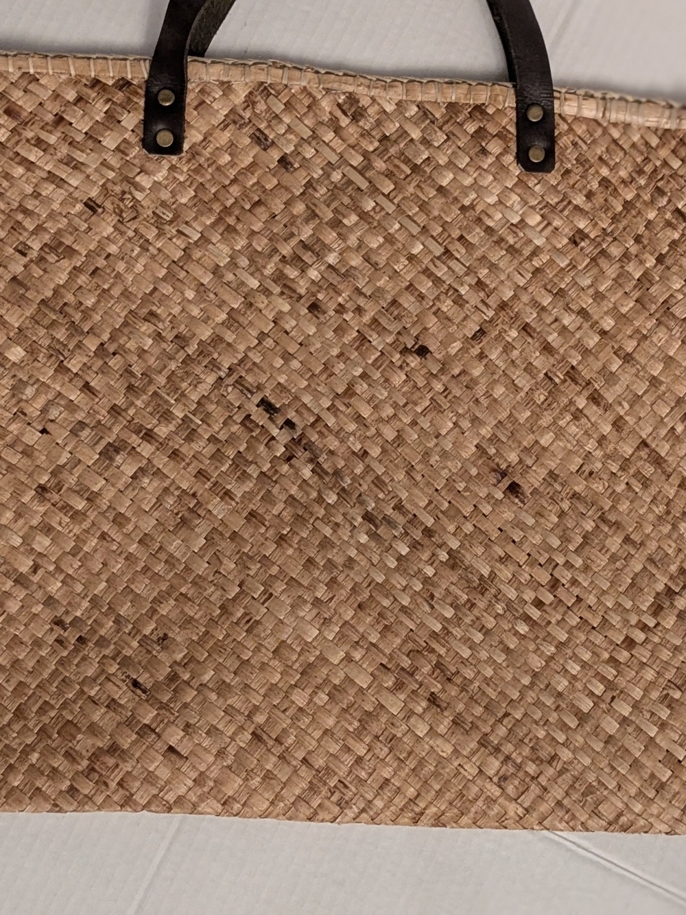 Woven Straw Tote Bag with Dark Leather Handles - Natural Brown